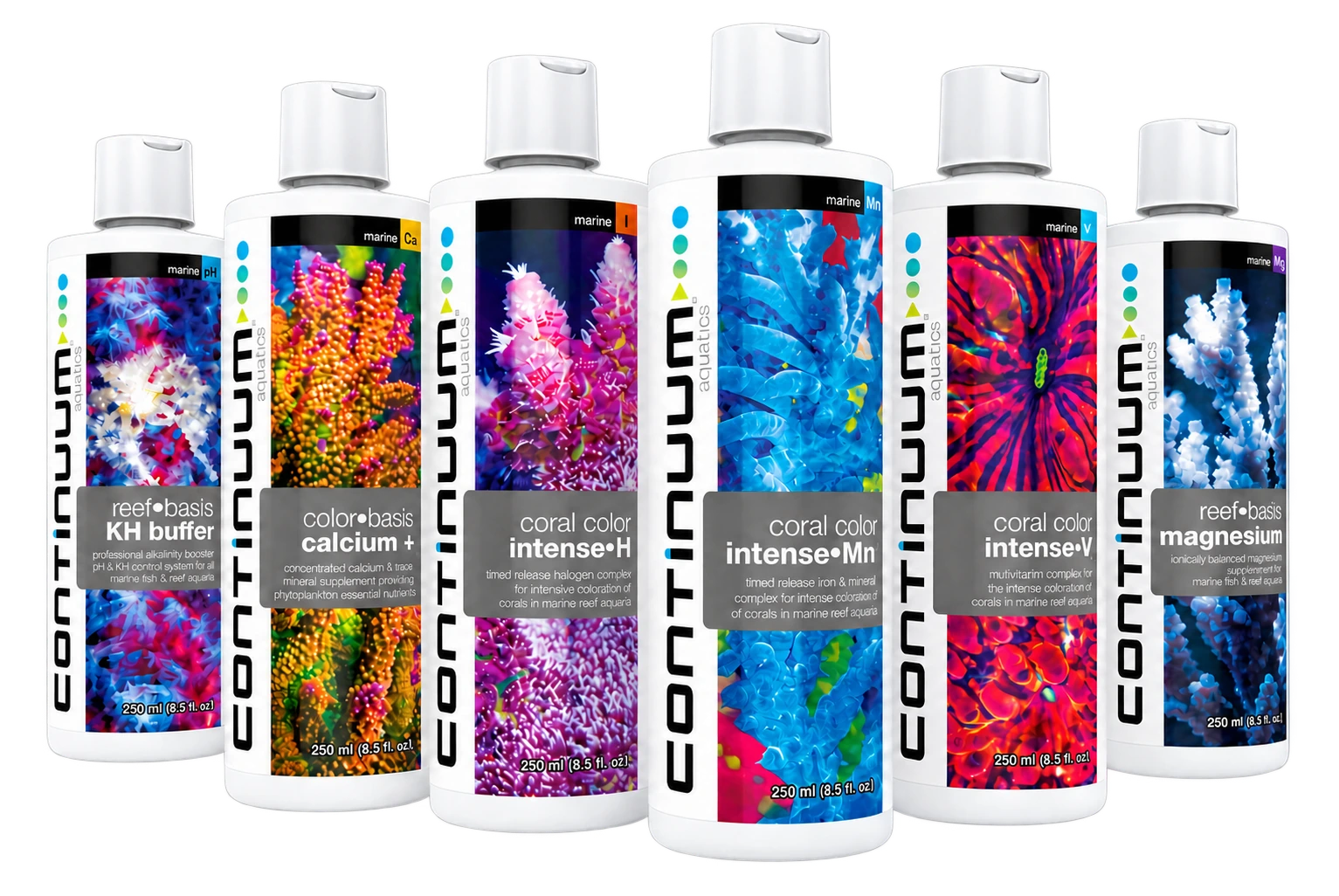 Six Continuum aquarium care bottles with colourful coral labels